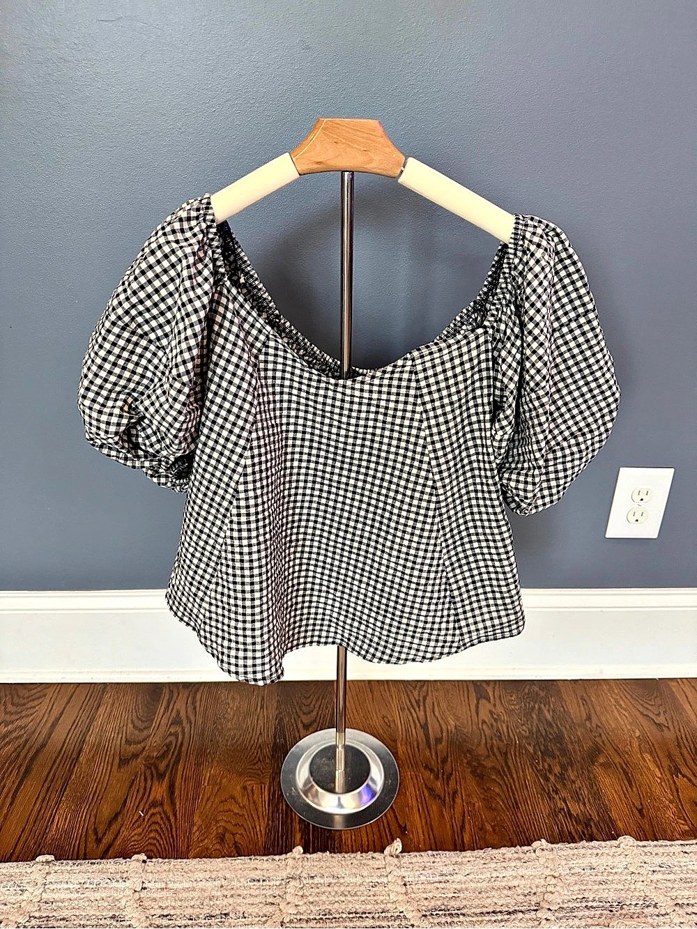 Maeve Puff-Sleeve Off-The-Shoulder Gingham Top, Small